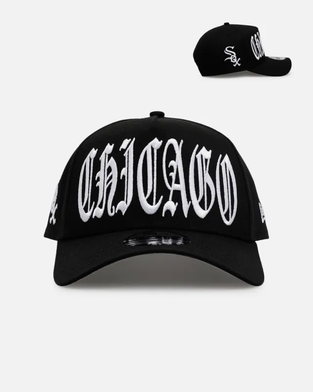 New Era Chicago White Sox 'Oversized Gothic Script Crown' 9FORTY A-Frame Snapback Black/White sold by Culture Kings