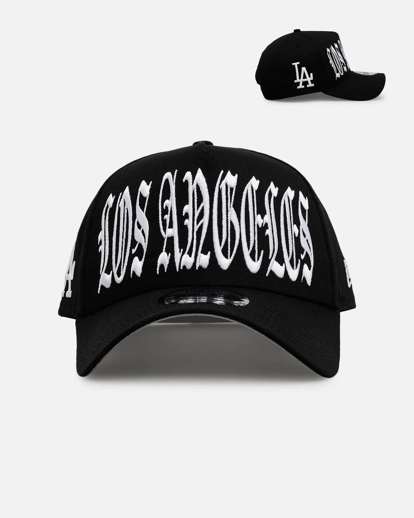 New Era Los Angeles Dodgers 'Oversized Gothic Script Crown' 9FORTY A-Frame Snapback Black/White sold by Culture Kings
