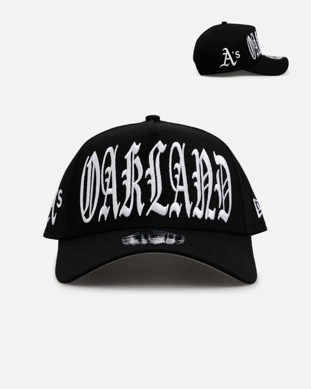 New Era Oakland Athletics 'Oversized Gothic Script Crown' 9FORTY A-Frame Snapback Black/White sold by Culture Kings