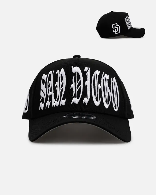 New Era San Diego Padres 'Oversized Gothic Script Crown' 9FORTY A-Frame Snapback Black/White sold by Culture Kings