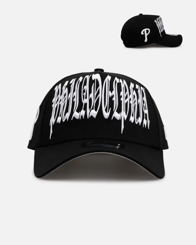 New Era Philadelphia Phillies 'Oversized Gothic Script Crown' 9FORTY A-Frame Snapback Black/White sold by Culture Kings