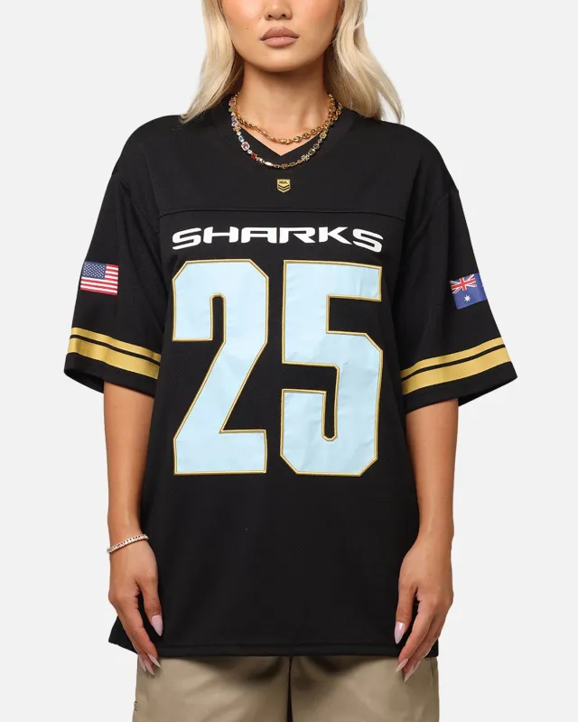 Bleacher Athletic Cronulla Sutherland Sharks NRL 2025 Las Vegas Round Grid Iron T-Shirt Official Team Colour sold by Culture Kings