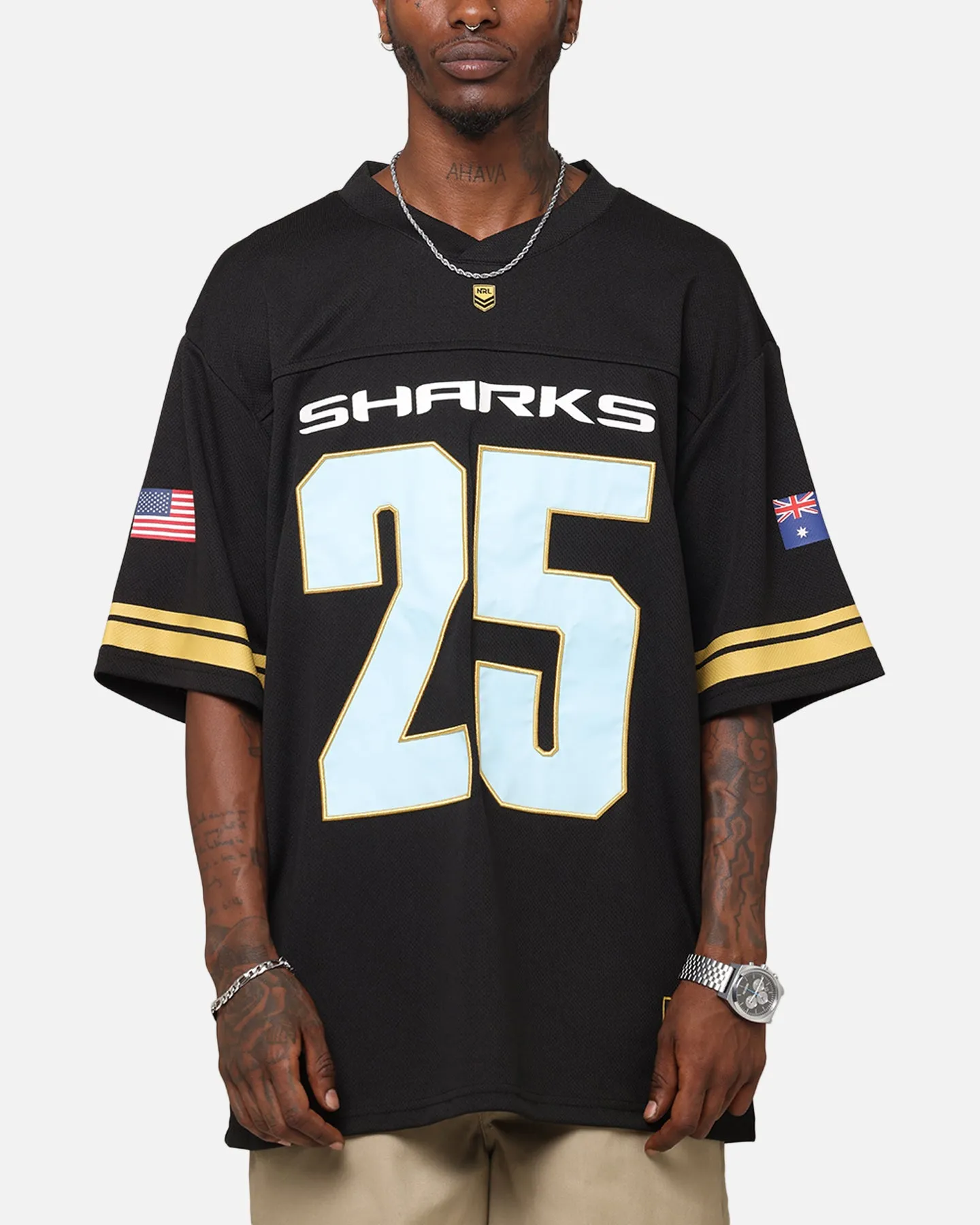 Bleacher Athletic Cronulla Sutherland Sharks NRL 2025 Las Vegas Round Grid Iron T-Shirt Official Team Colour sold by Culture Kings