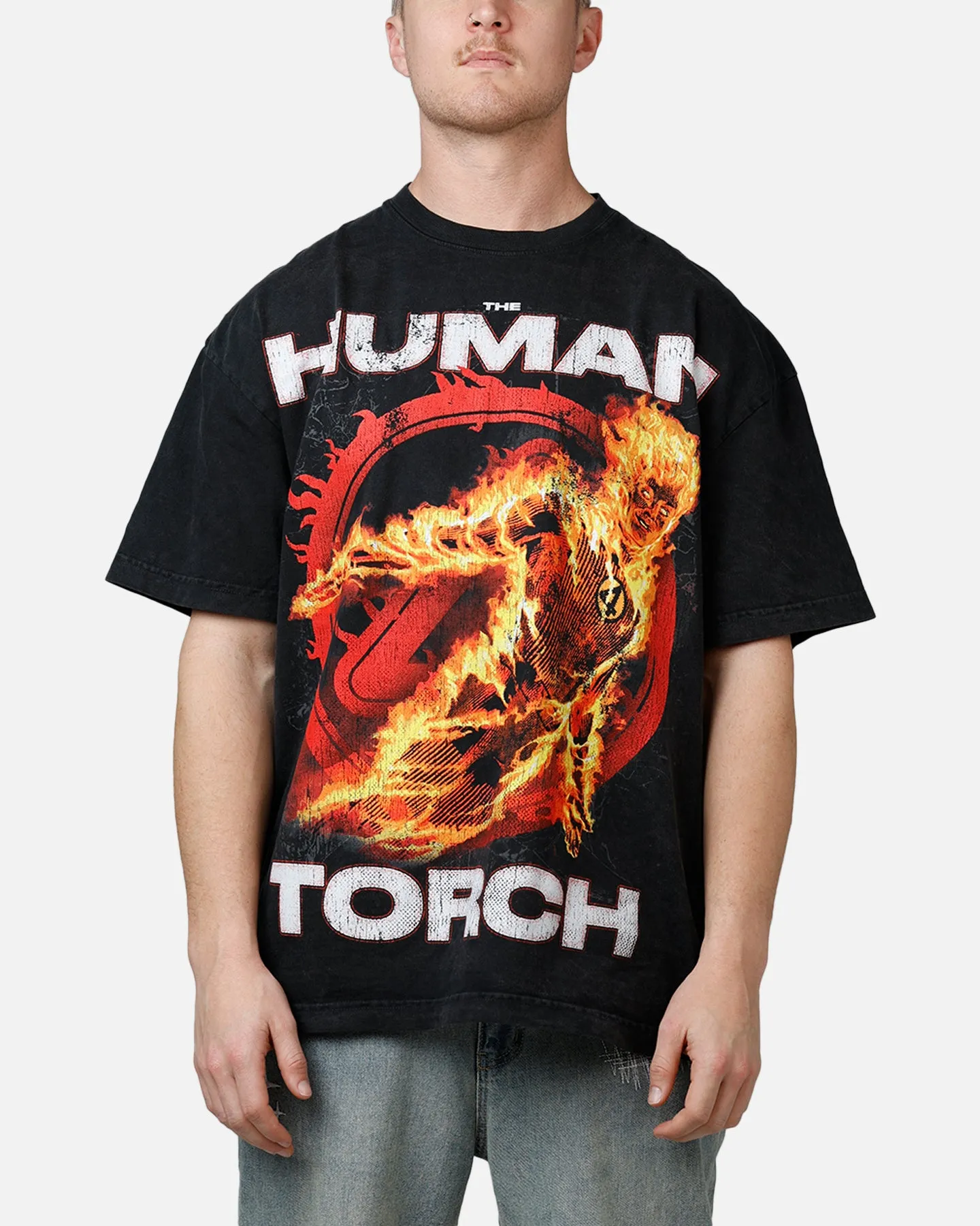 Goat Crew Marvel Fantastic Four Human Torch Fire Vintage T-Shirt Black Acidwash sold by Culture Kings