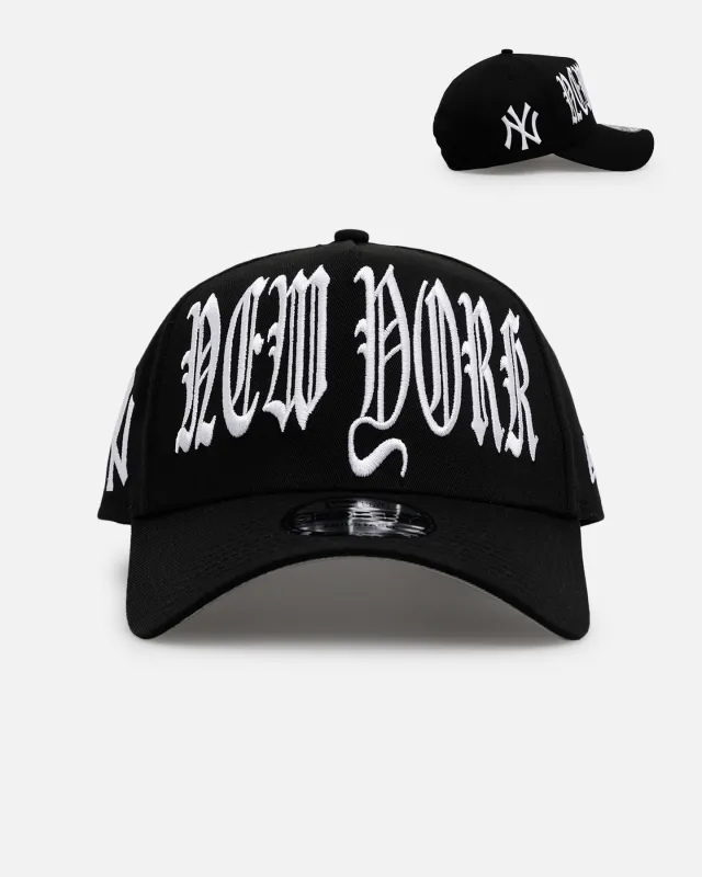 New Era New York Yankees 'Oversized Gothic Script Crown' 9FORTY A-Frame Snapback Black/White sold by Culture Kings
