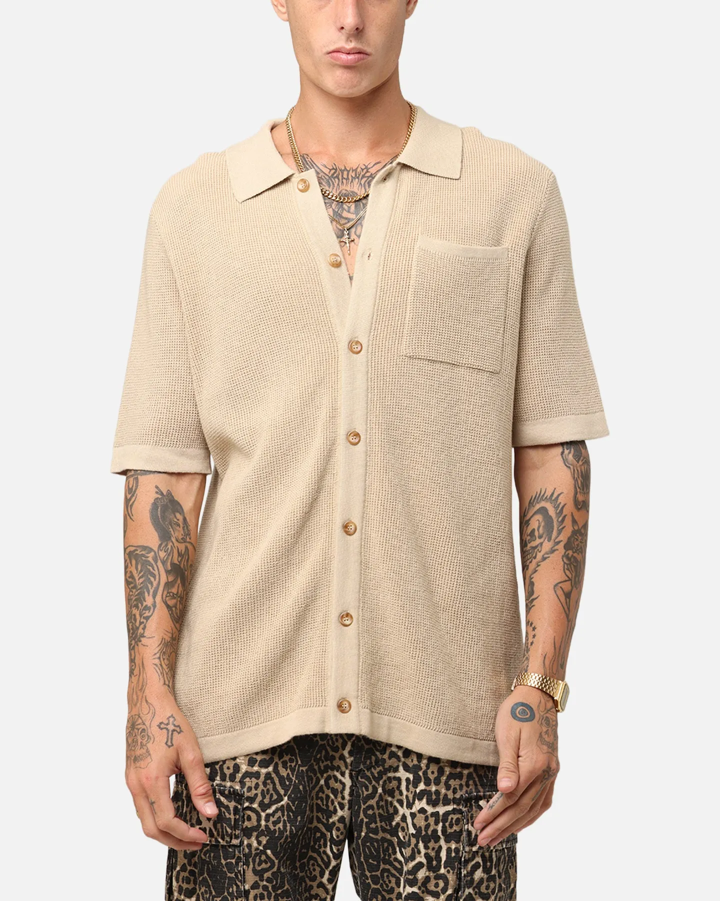 XXIII Zyair Knit Rib Button Up Shirt Tan sold by Culture Kings