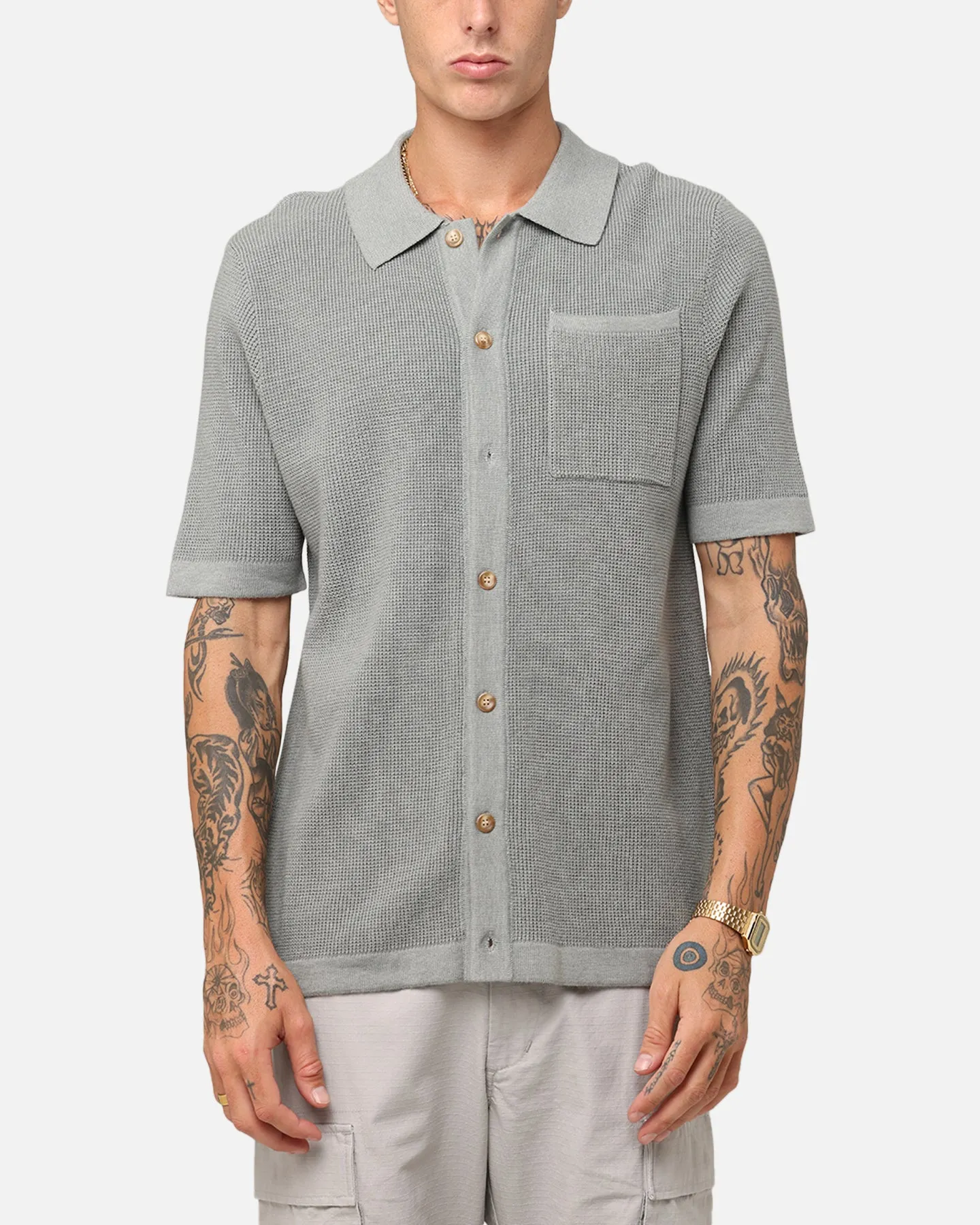 XXIII Zyair Knit Rib Button Up Shirt Olive sold by Culture Kings