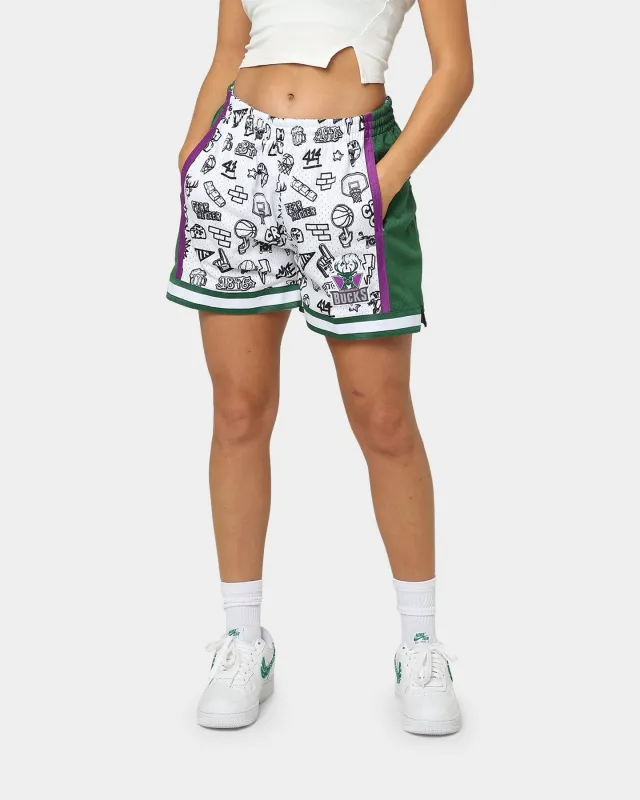 Mitchell & Ness Women's Milwaukee Bucks Doodle Shorts White sold by Culture Kings