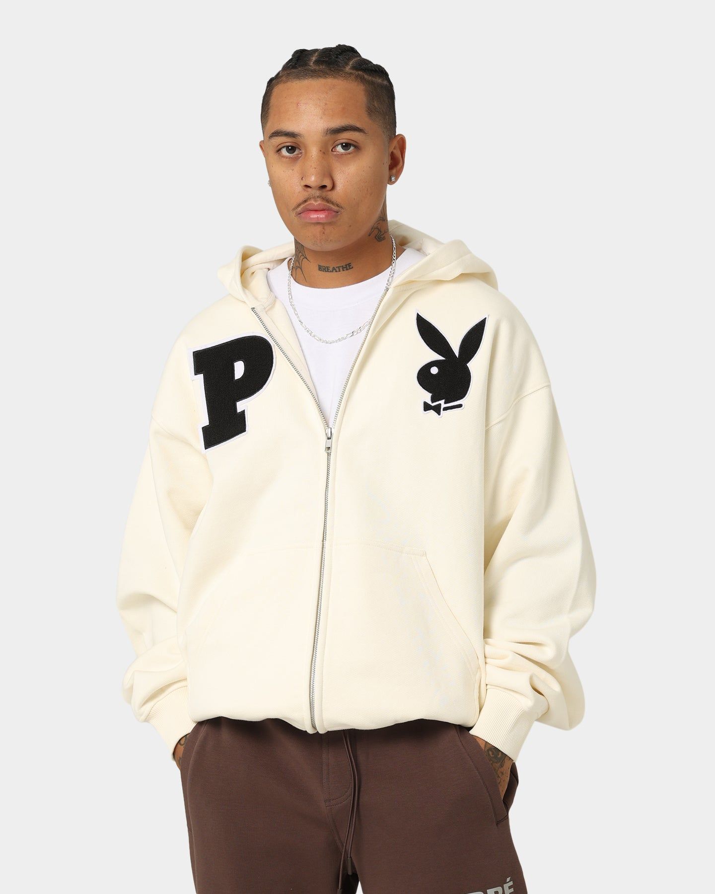 Playboy By CK Full Zip Varsity Hoodie Off White sold by Culture Kings product image thumbnail 3