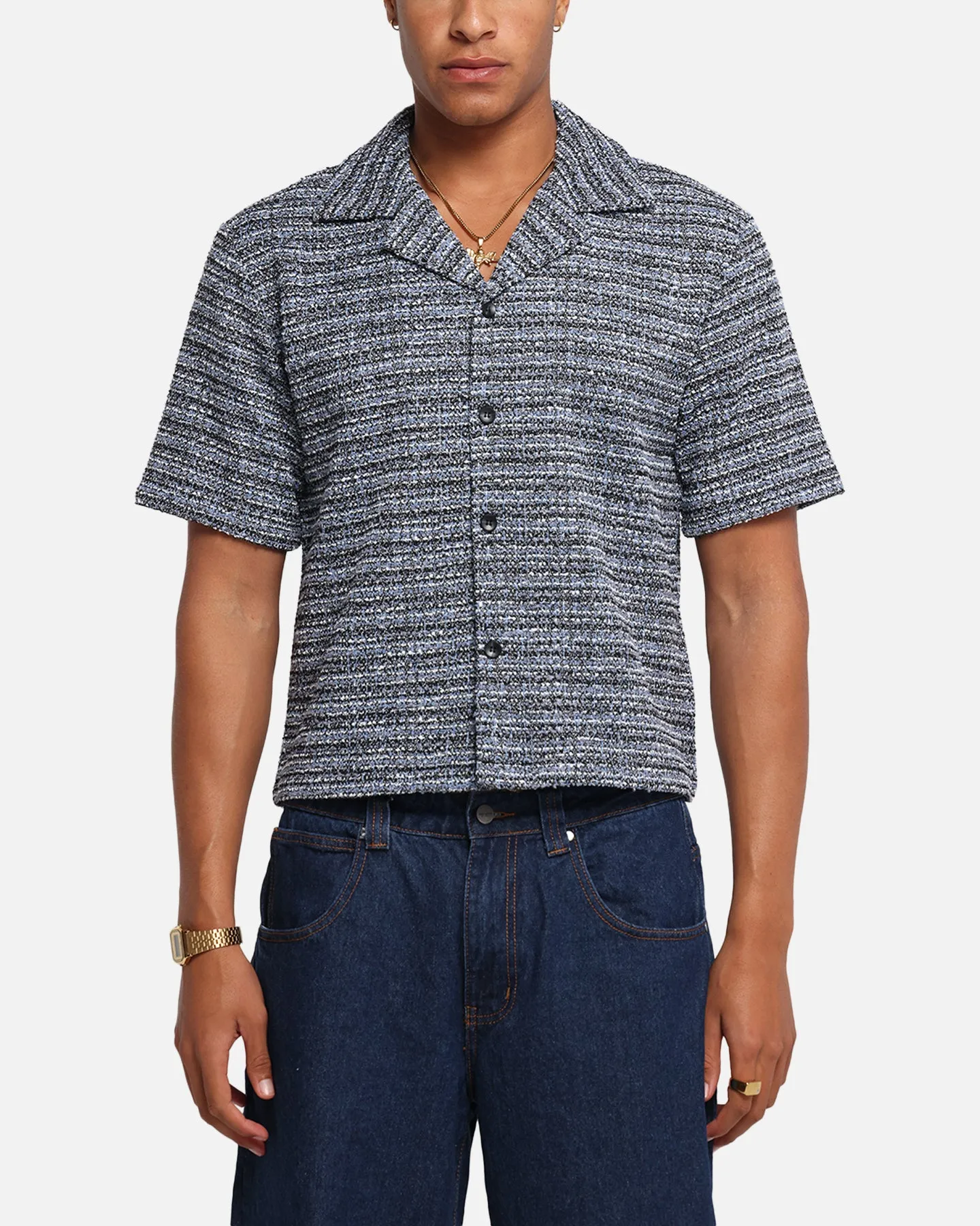 XXIII Boucle Tweed Crop Button Up Shirt Black/White/Blue sold by Culture Kings
