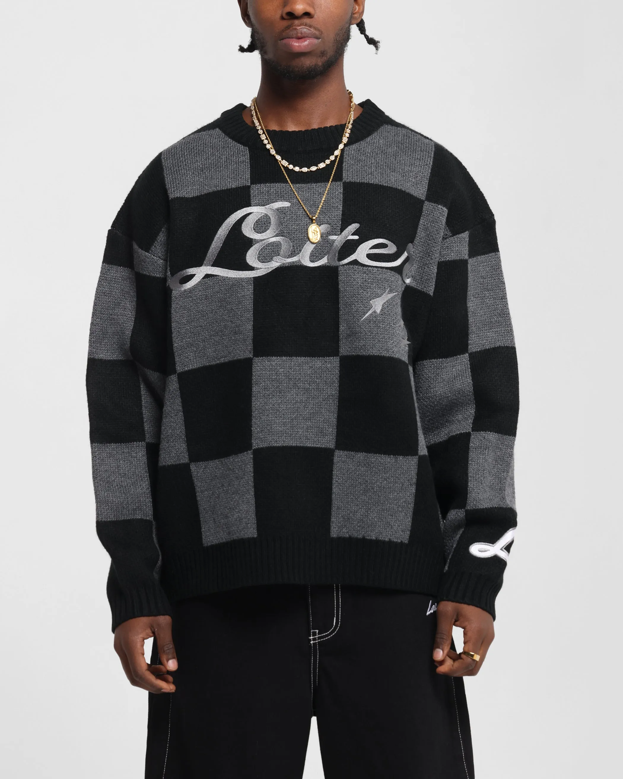 Loiter Checker Knit Sweater Black/Grey sold by Culture Kings
