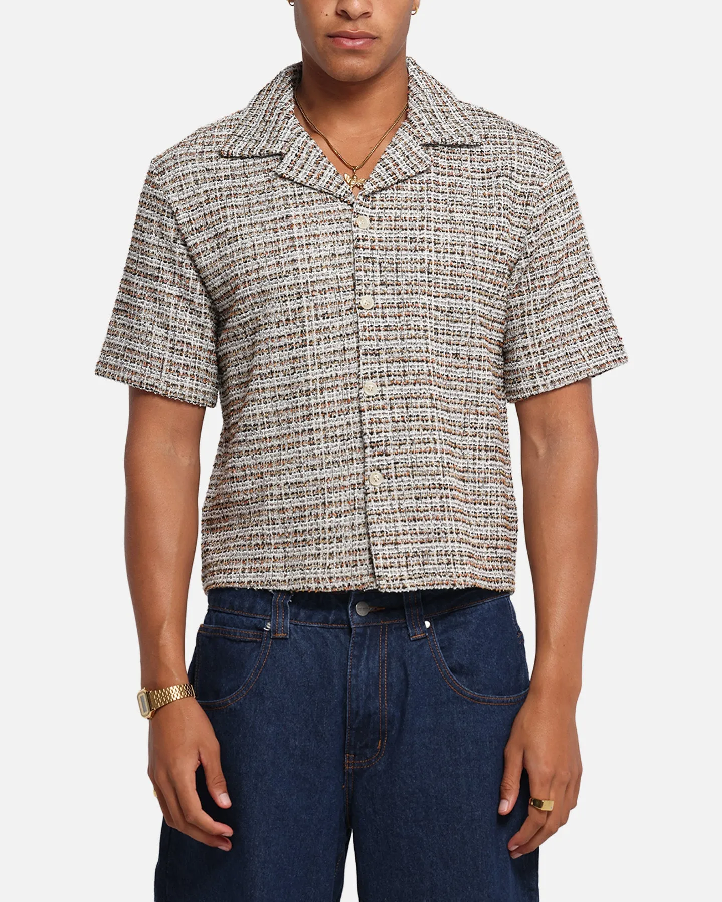 XXIII Boucle Tweed Crop Button Up Shirt Cream/Brown sold by Culture Kings