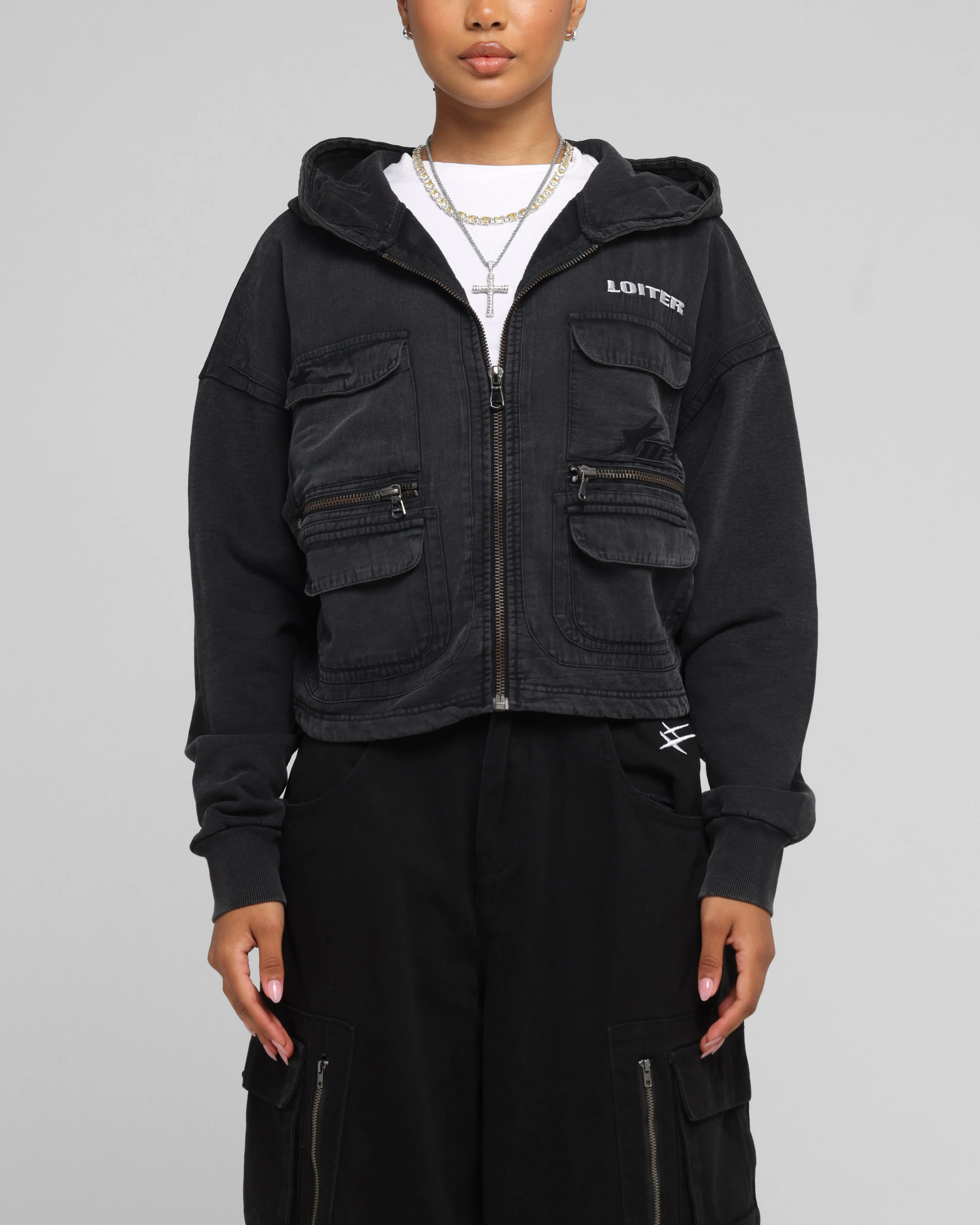 Loiter Women's Utility Cropped Hoodie Washed Black sold by Culture Kings