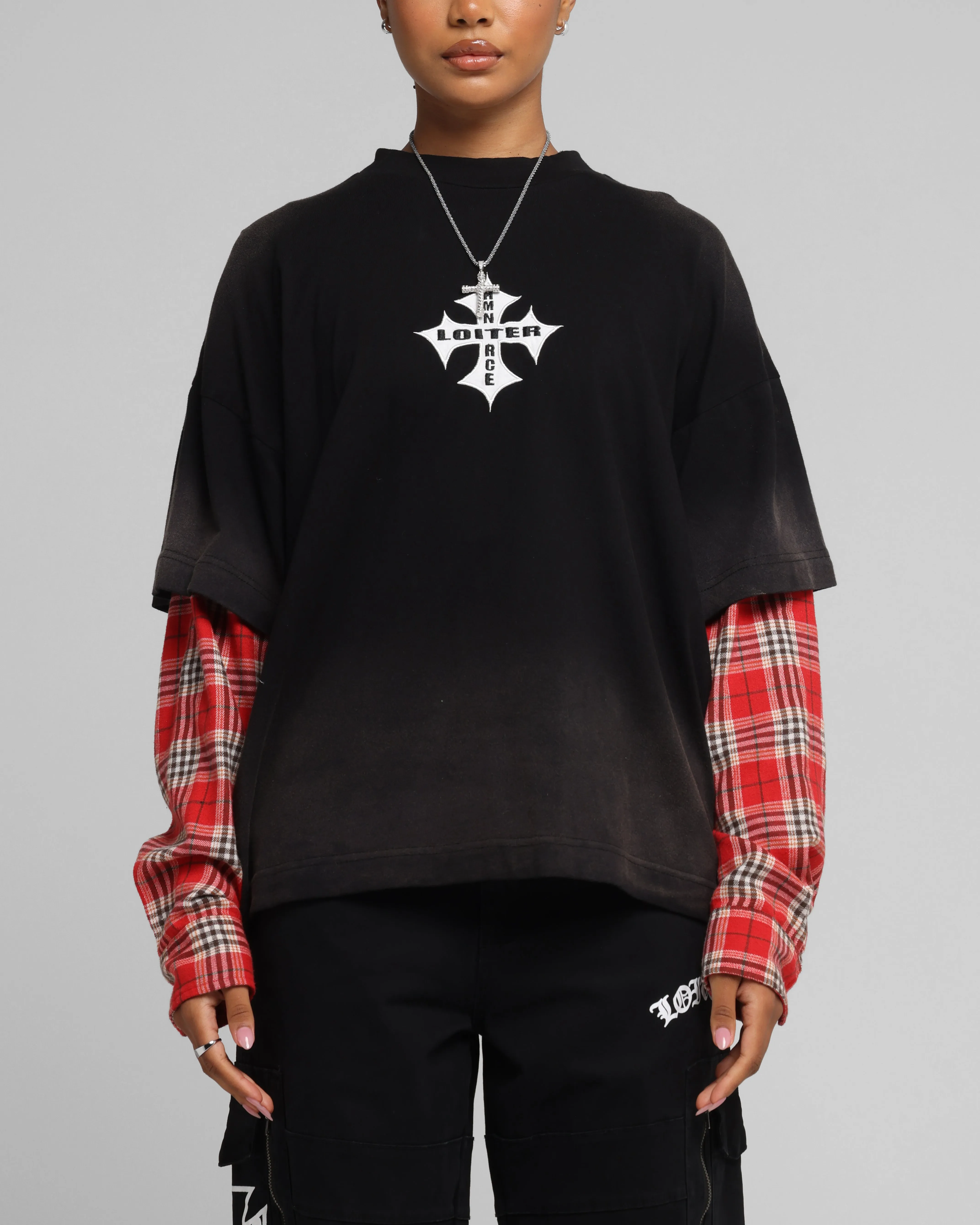 Loiter Layered Flannel T-Shirt Black/Red sold by Culture Kings