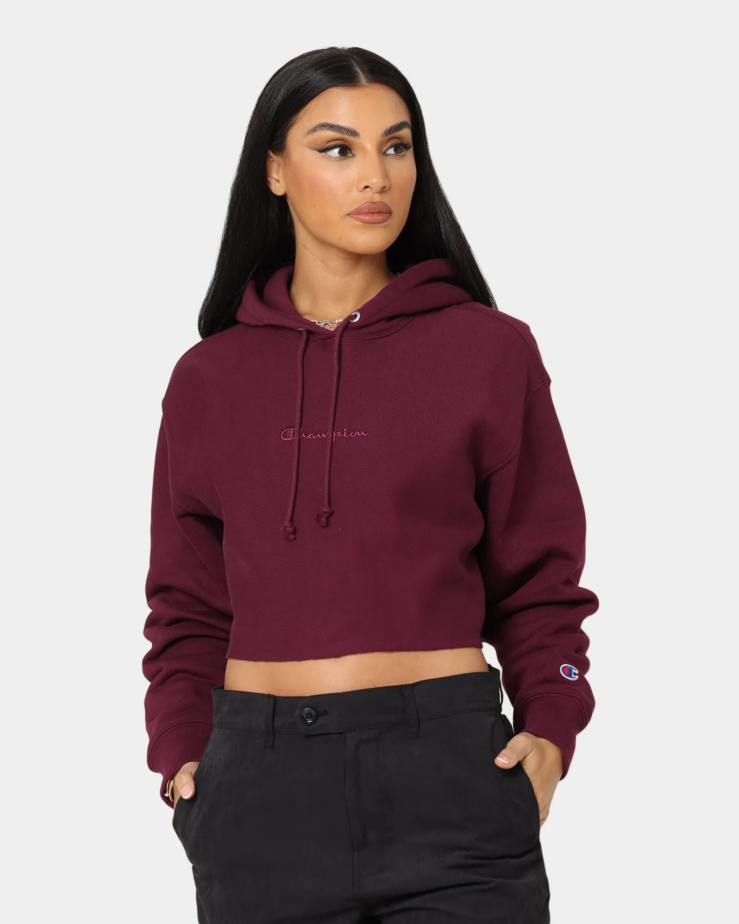 Champion Women's Reverse Weave Tonal Crop Hoodie Dark Berry Purple sold by Culture Kings