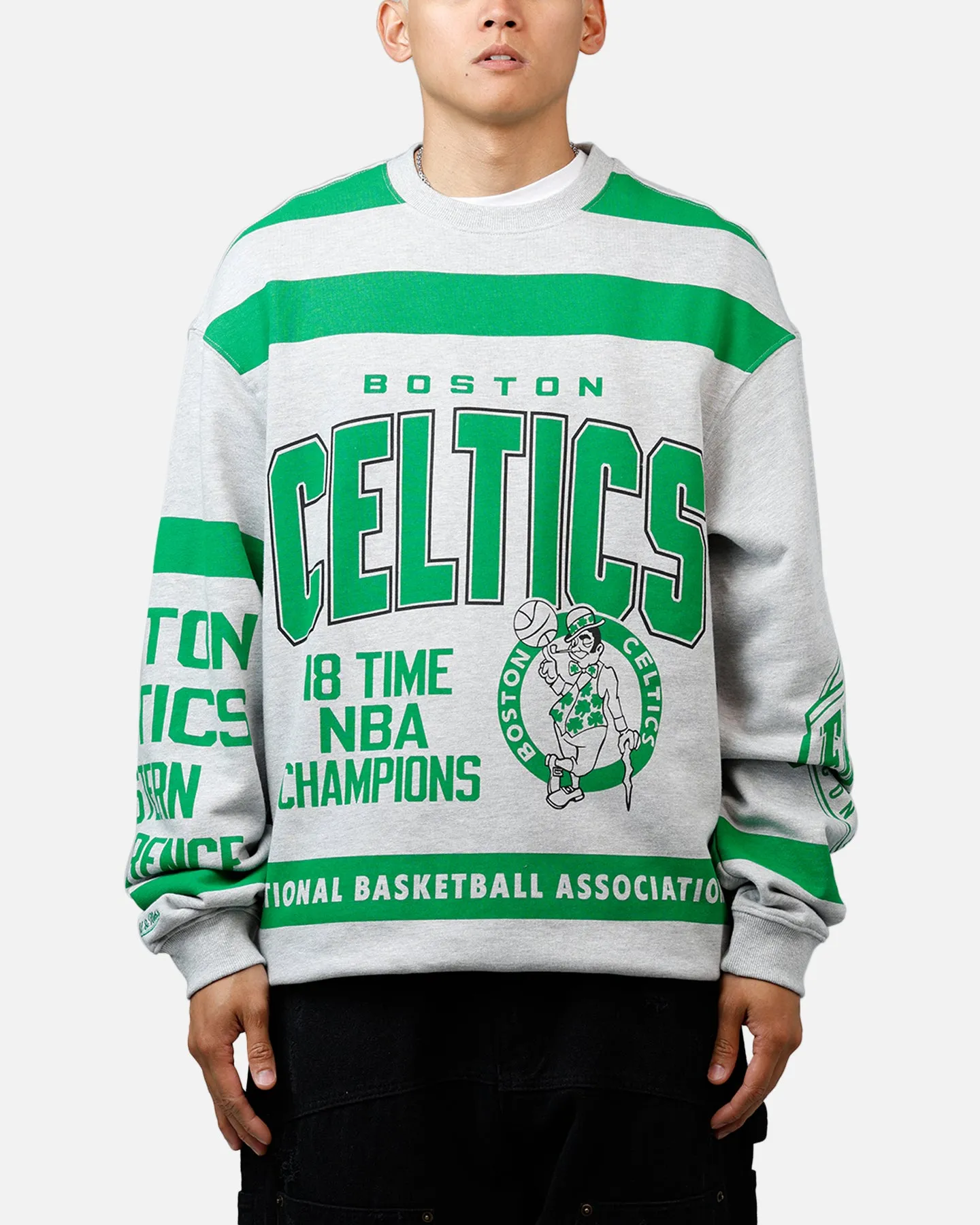 Mitchell & Ness Boston Celtics Letterform Crewneck Grey Marle/Official Team Color sold by Culture Kings