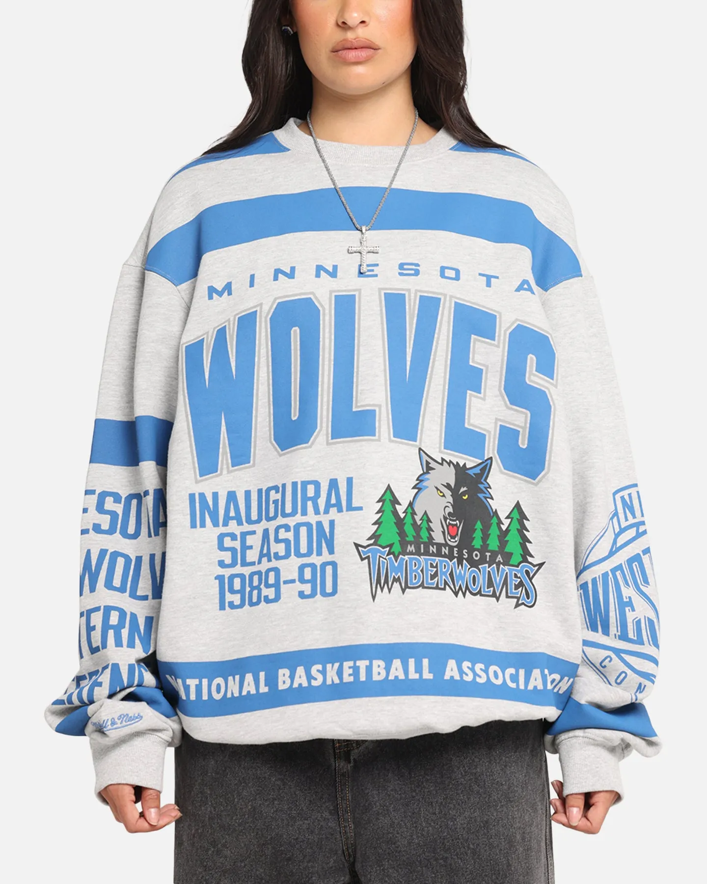 Mitchell & Ness Minnesota Timberwolves Letterform Crewneck Grey Marle/Official Team Color sold by Culture Kings