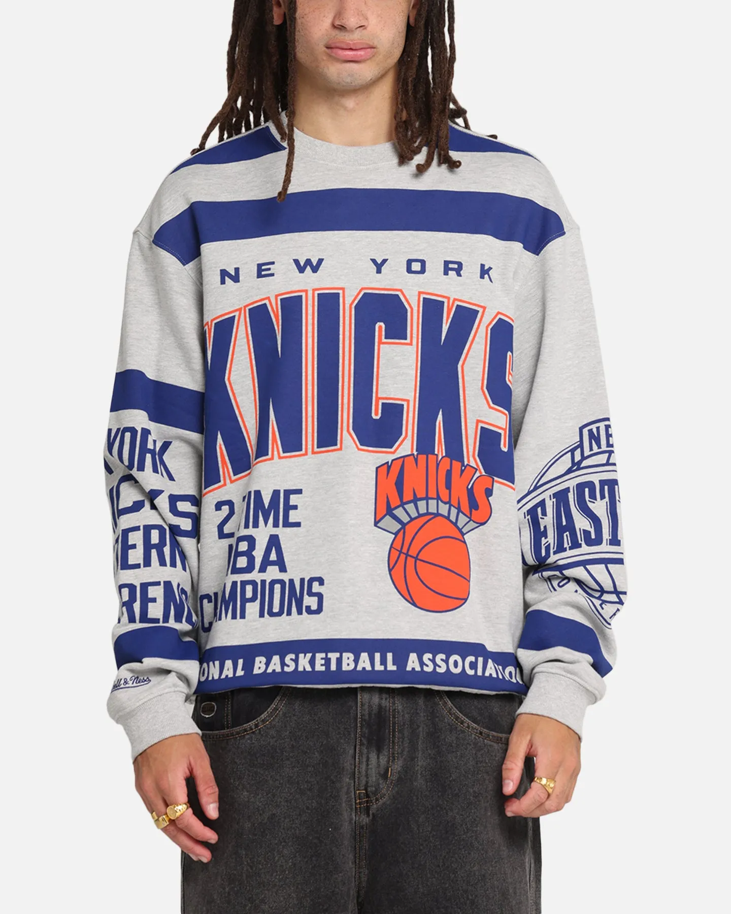 Mitchell & Ness New York Knicks Letterform Crewneck Grey Marle/Official Team Color sold by Culture Kings