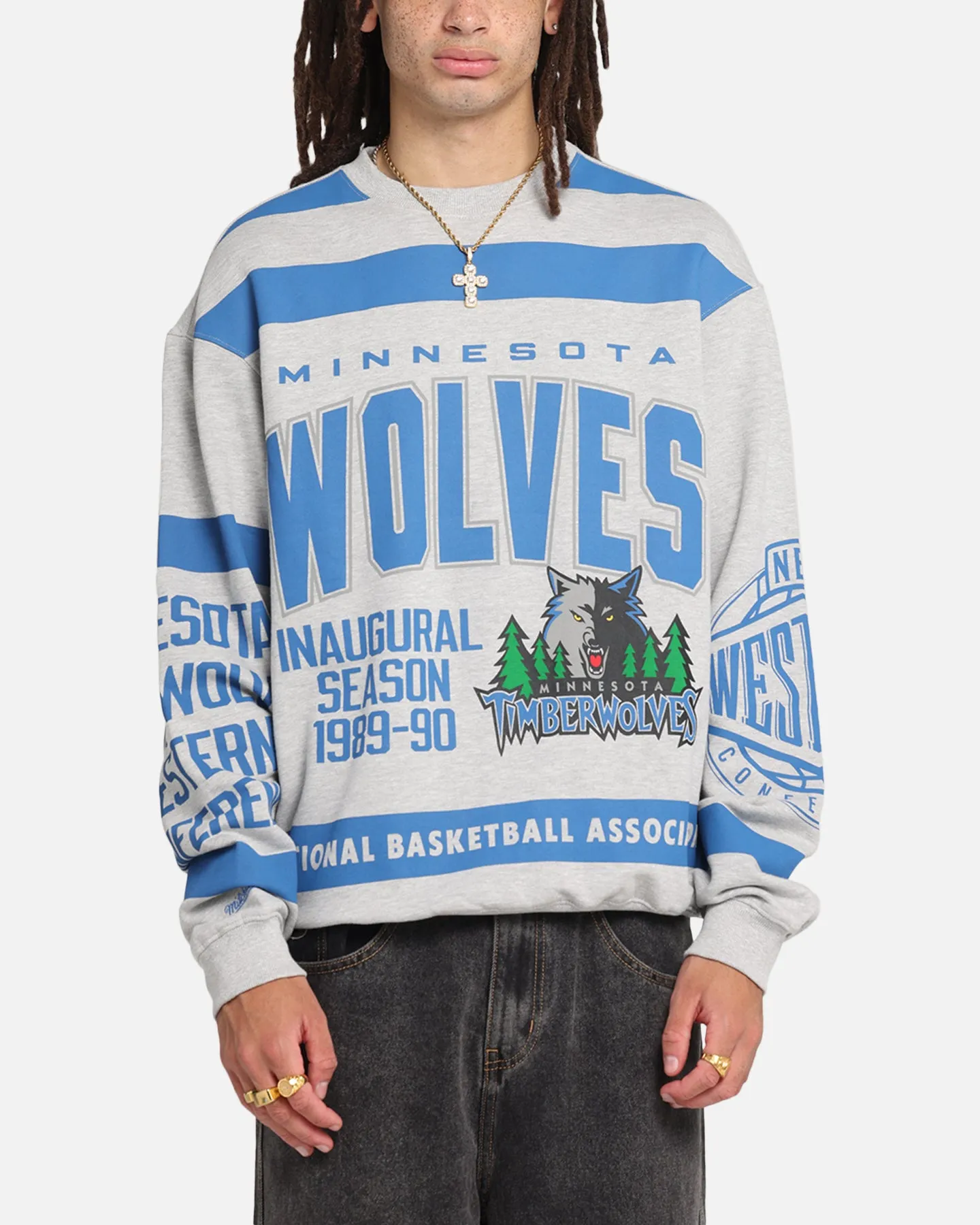 Mitchell & Ness Minnesota Timberwolves Letterform Crewneck Grey Marle/Official Team Color sold by Culture Kings