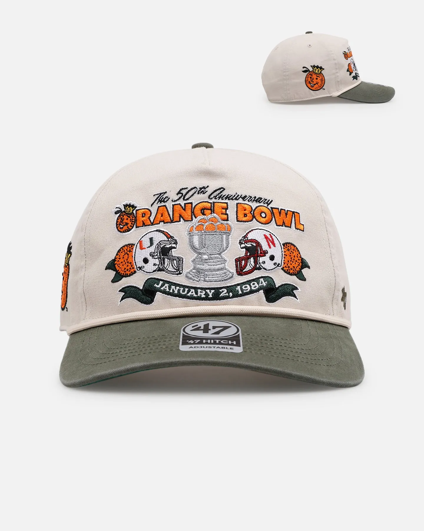 47 Brand Nebraska Cornhuskers Vs. Miami Hurricanes 'Vintage Bowl Game 2.0' 1984 Orange Bowl Hitch Snapback Bone sold by Culture Kings