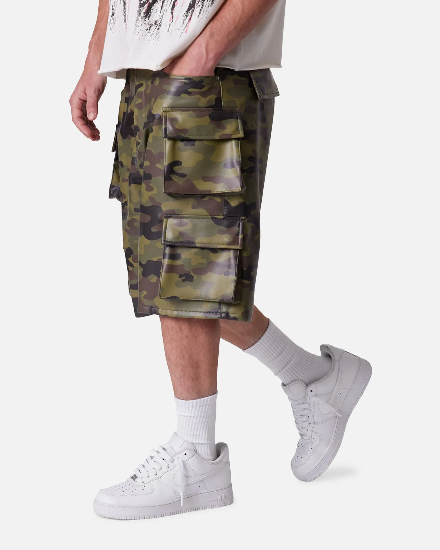 MNML Baggy Vegan Leather Cargo Shorts Camo sold by Culture Kings product image thumbnail 4