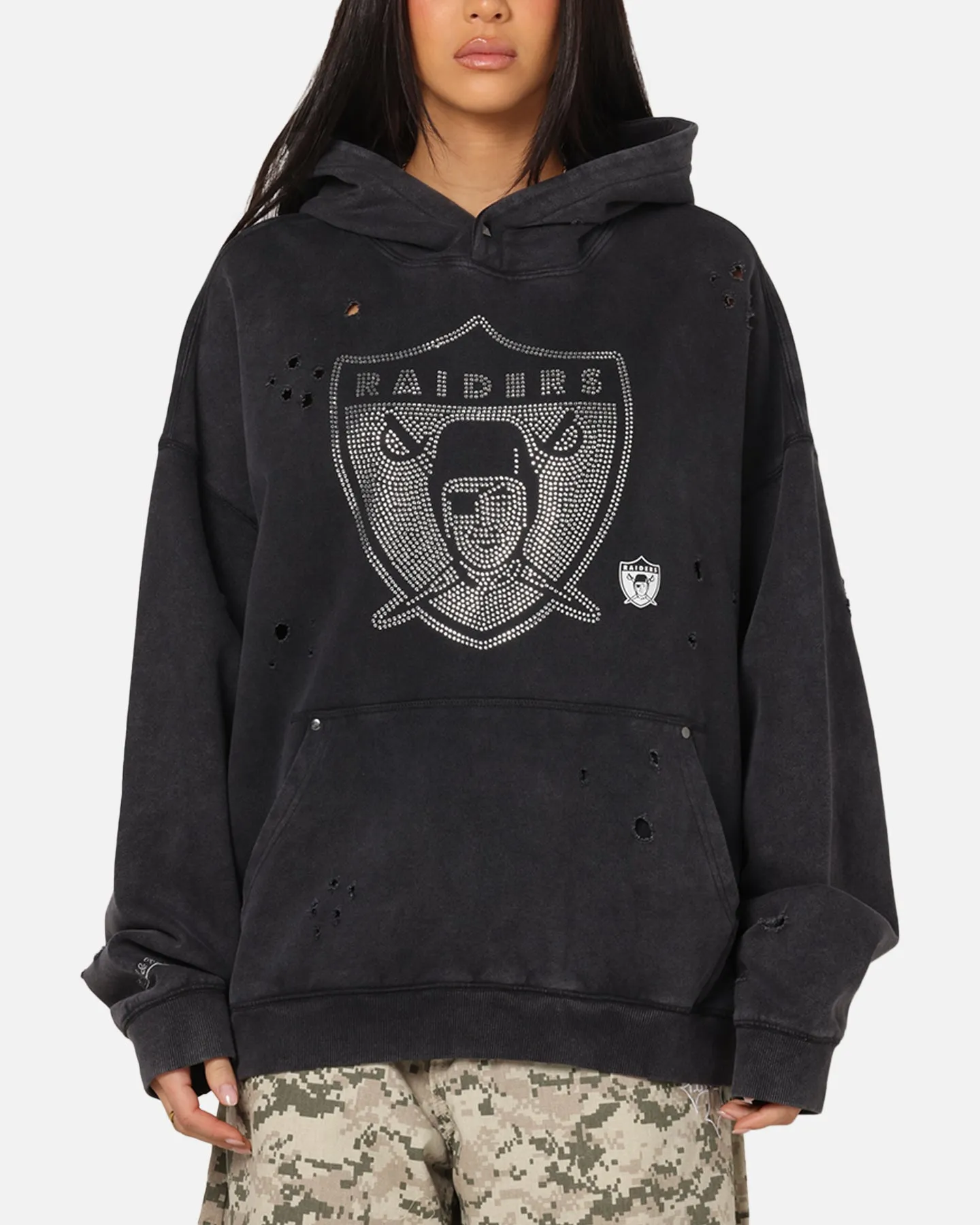 Mitchell & Ness Las Vegas Raiders Distressed Rhinestone Logo Hoodie Faded Black sold by Culture Kings