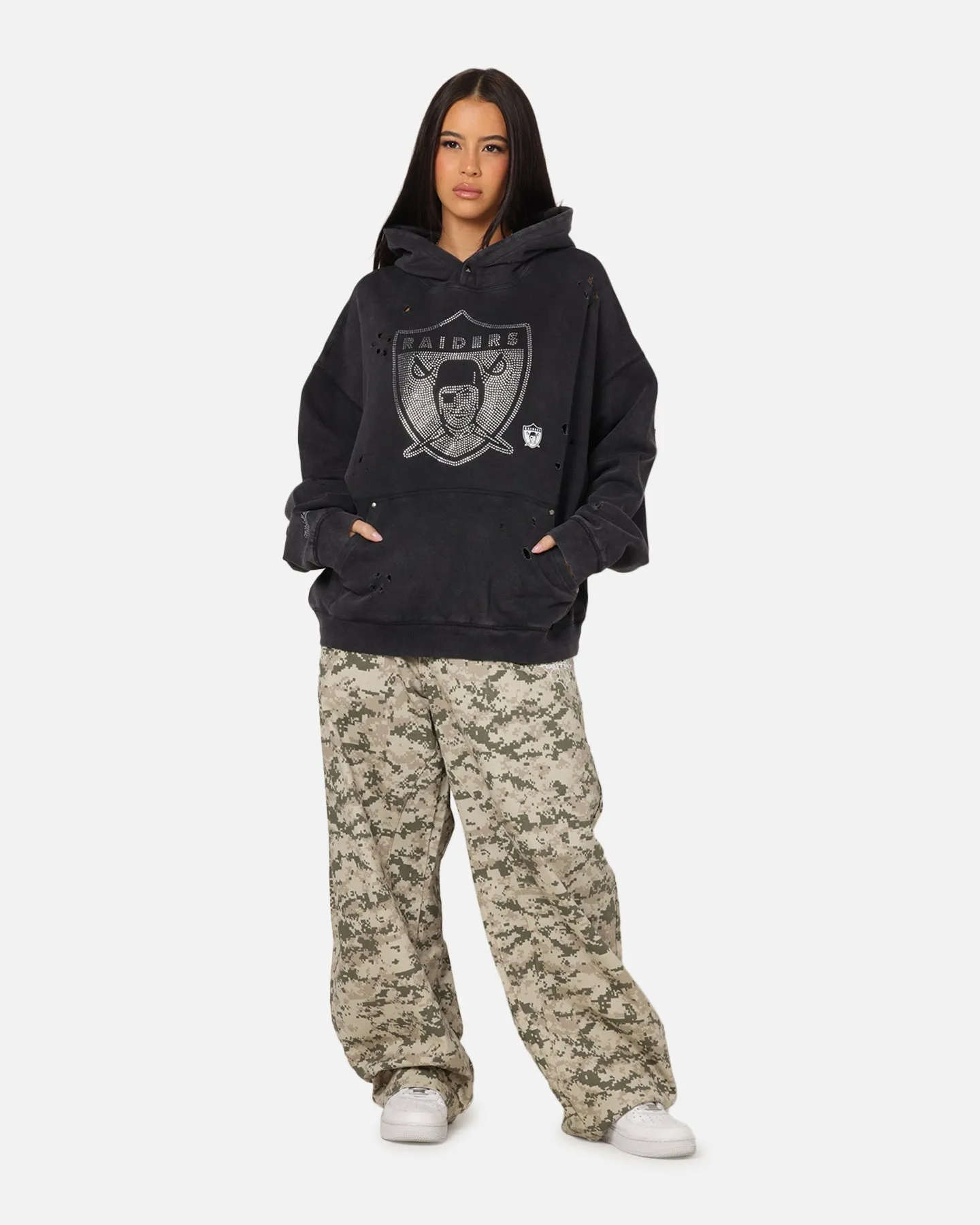 Mitchell & Ness Las Vegas Raiders Distressed Rhinestone Logo Hoodie Faded Black sold by Culture Kings product image thumbnail 2