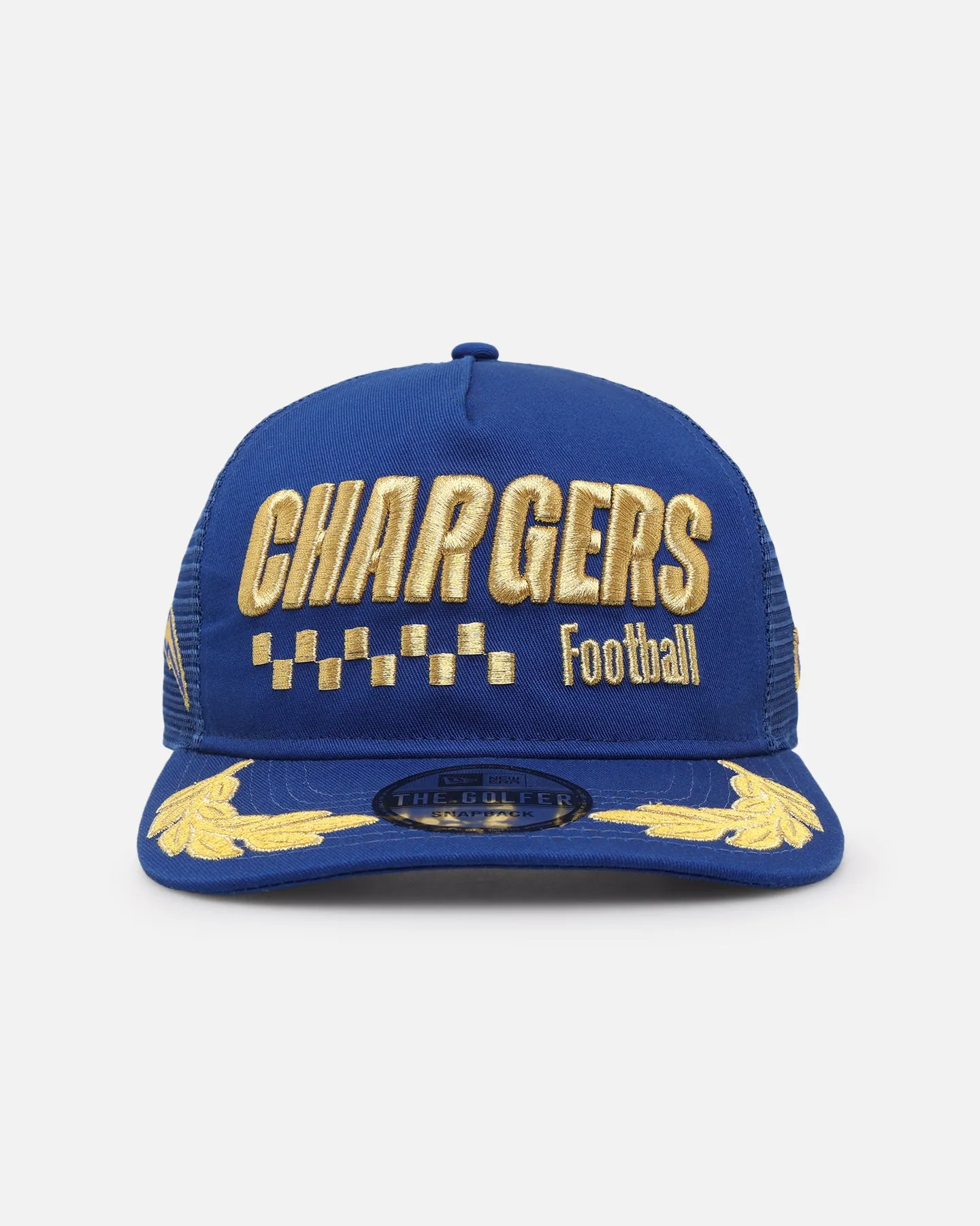New Era Los Angeles Chargers 'Podium Pack' Pre-Curved Golfer Trucker Snapback Light Royal/Metallic Gold sold by Culture Kings