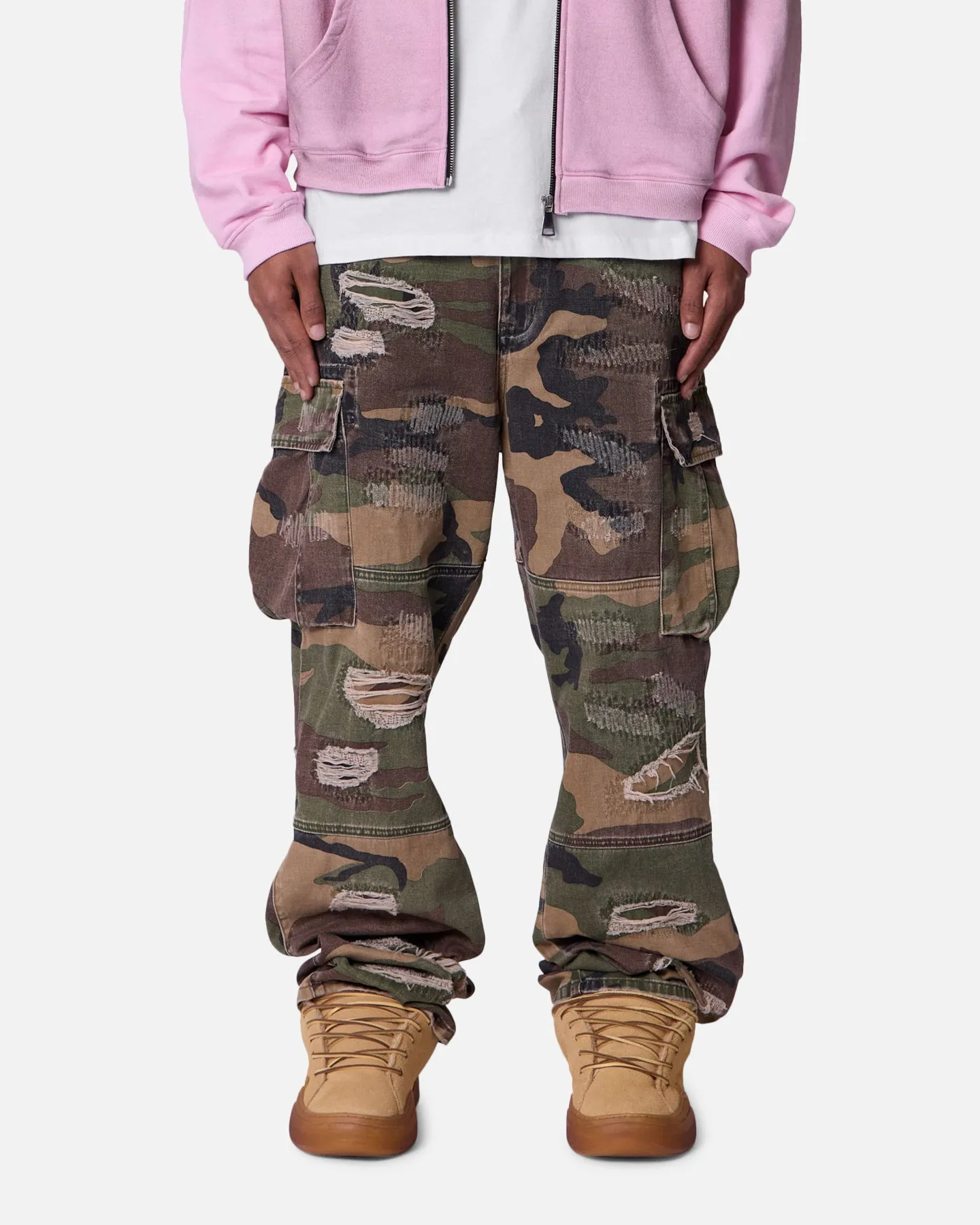 MNML Ultra Baggy Distressed Cargo Pants Woodland Camo sold by Culture Kings