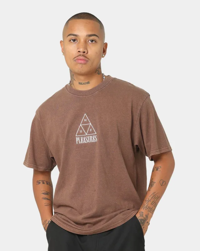 HUF X Pleasures Dyed Short Sleeve T-Shirt Brown sold by Culture Kings
