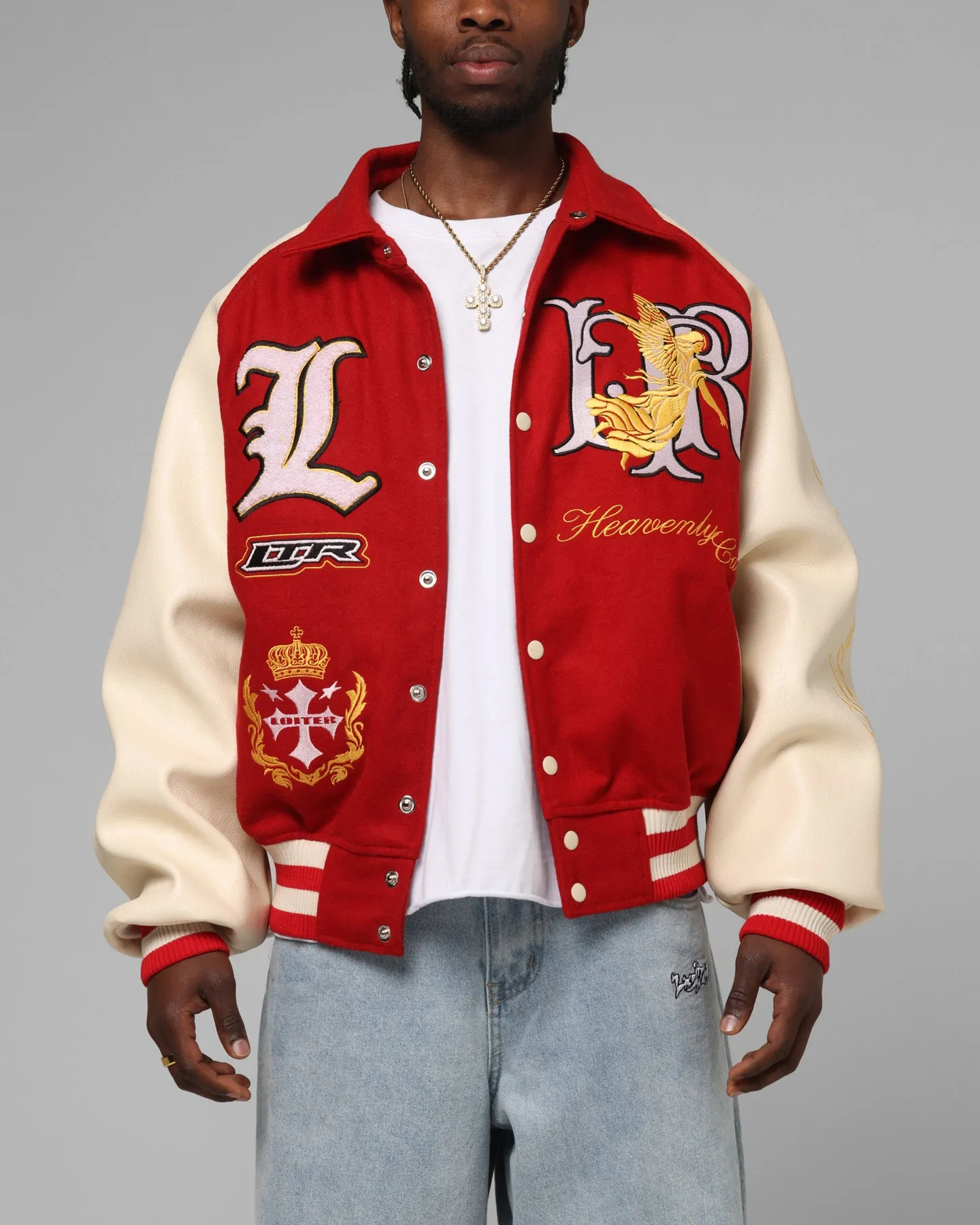 Loiter Heaven Varsity Jacket Red/Off White sold by Culture Kings