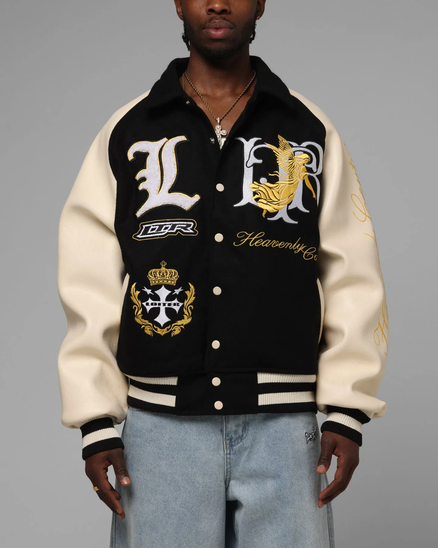 Loiter Heaven Varsity Jacket Black/Off White sold by Culture Kings