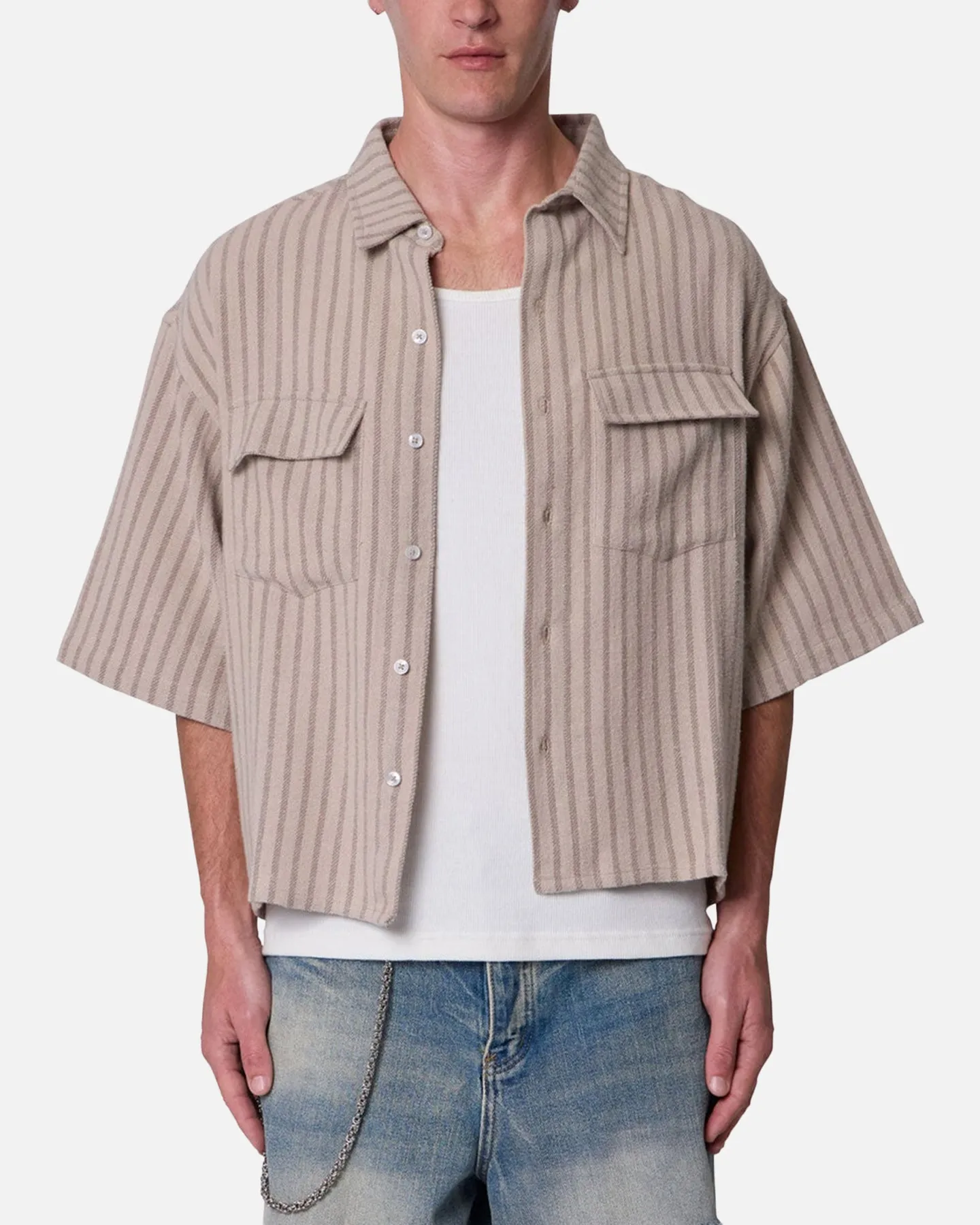 MNML Cropped Boxy Stripe Button Up Shirt Khaki sold by Culture Kings