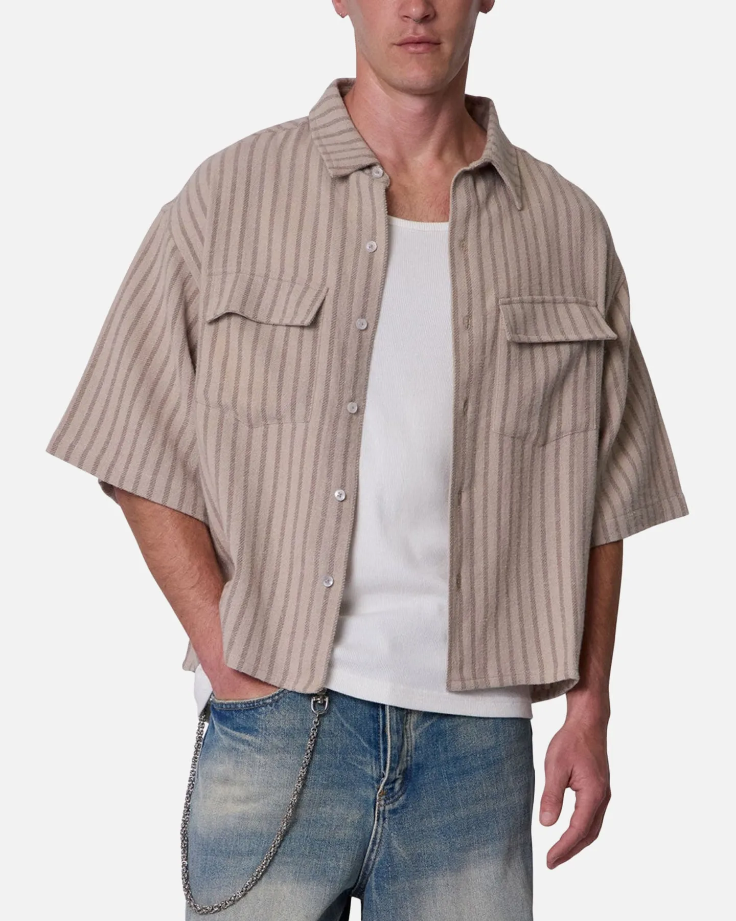 MNML Cropped Boxy Stripe Button Up Shirt Khaki sold by Culture Kings product image thumbnail 5