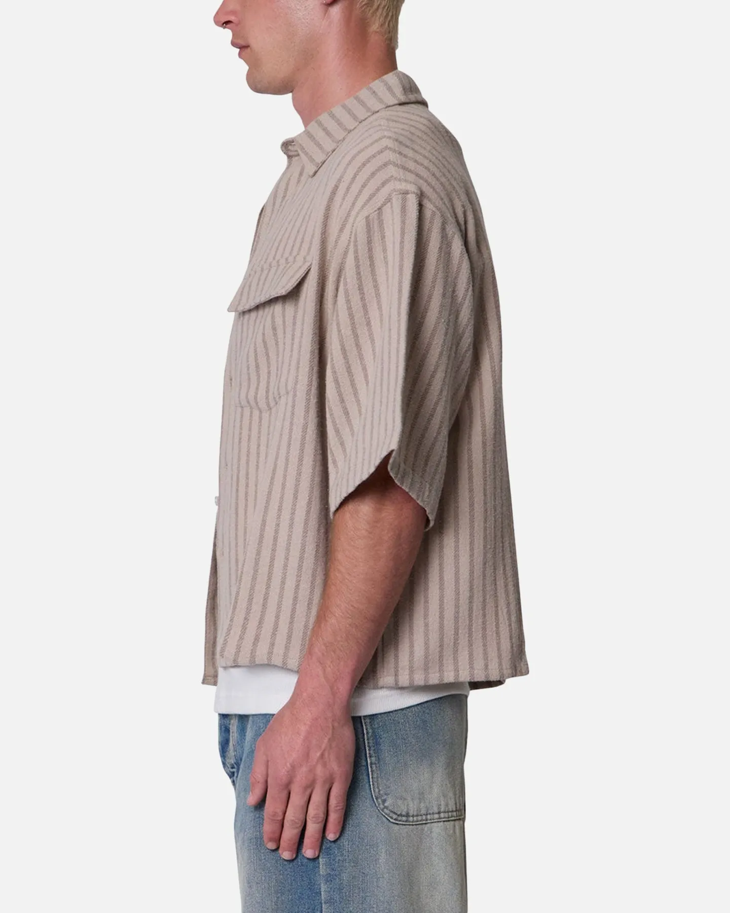 MNML Cropped Boxy Stripe Button Up Shirt Khaki sold by Culture Kings product image thumbnail 3