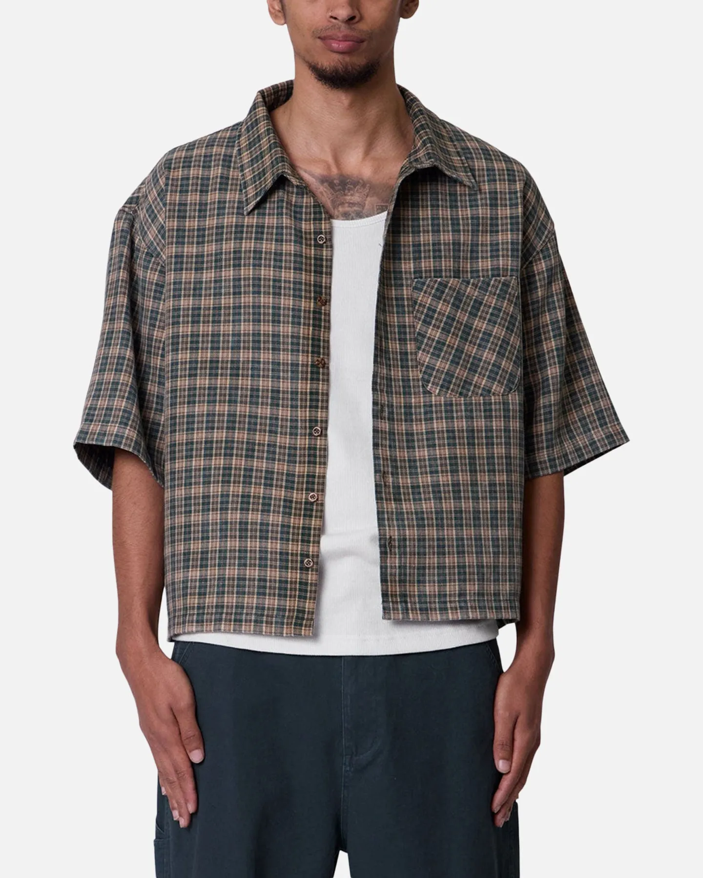 MNML Washed Poplin Over Button Up Shirt Green/Brown sold by Culture Kings