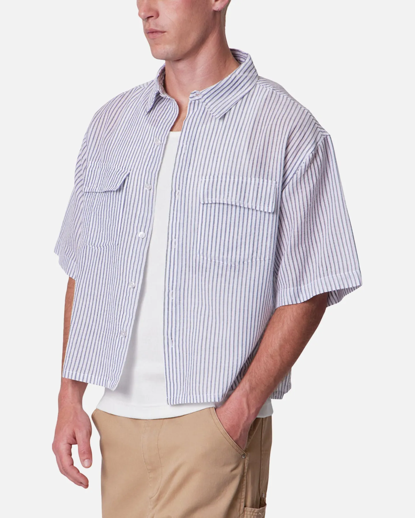 MNML Cropped Boxy Stripe Button Up Shirt Blue sold by Culture Kings product image thumbnail 5