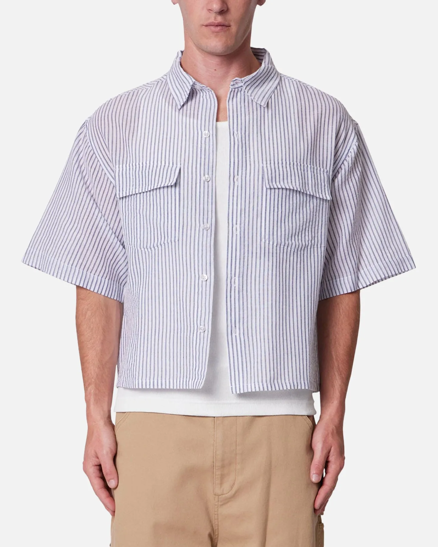 MNML Cropped Boxy Stripe Button Up Shirt Blue sold by Culture Kings