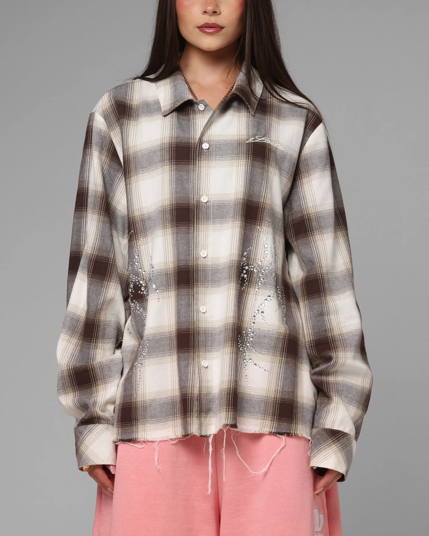 Loiter Heaven Distressed Flannel Button Up Shirt Brown/Beige sold by Culture Kings
