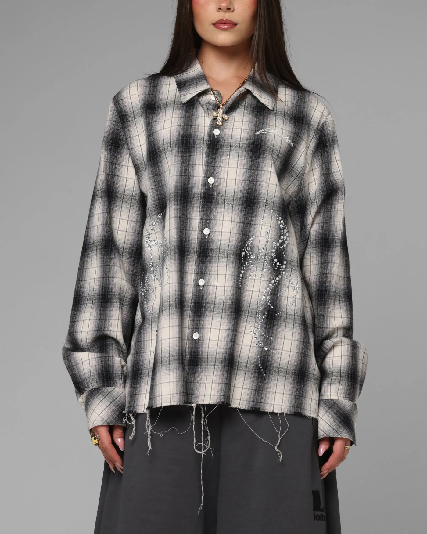 Loiter Heaven Distressed Flannel Button Up Shirt Black/White sold by Culture Kings