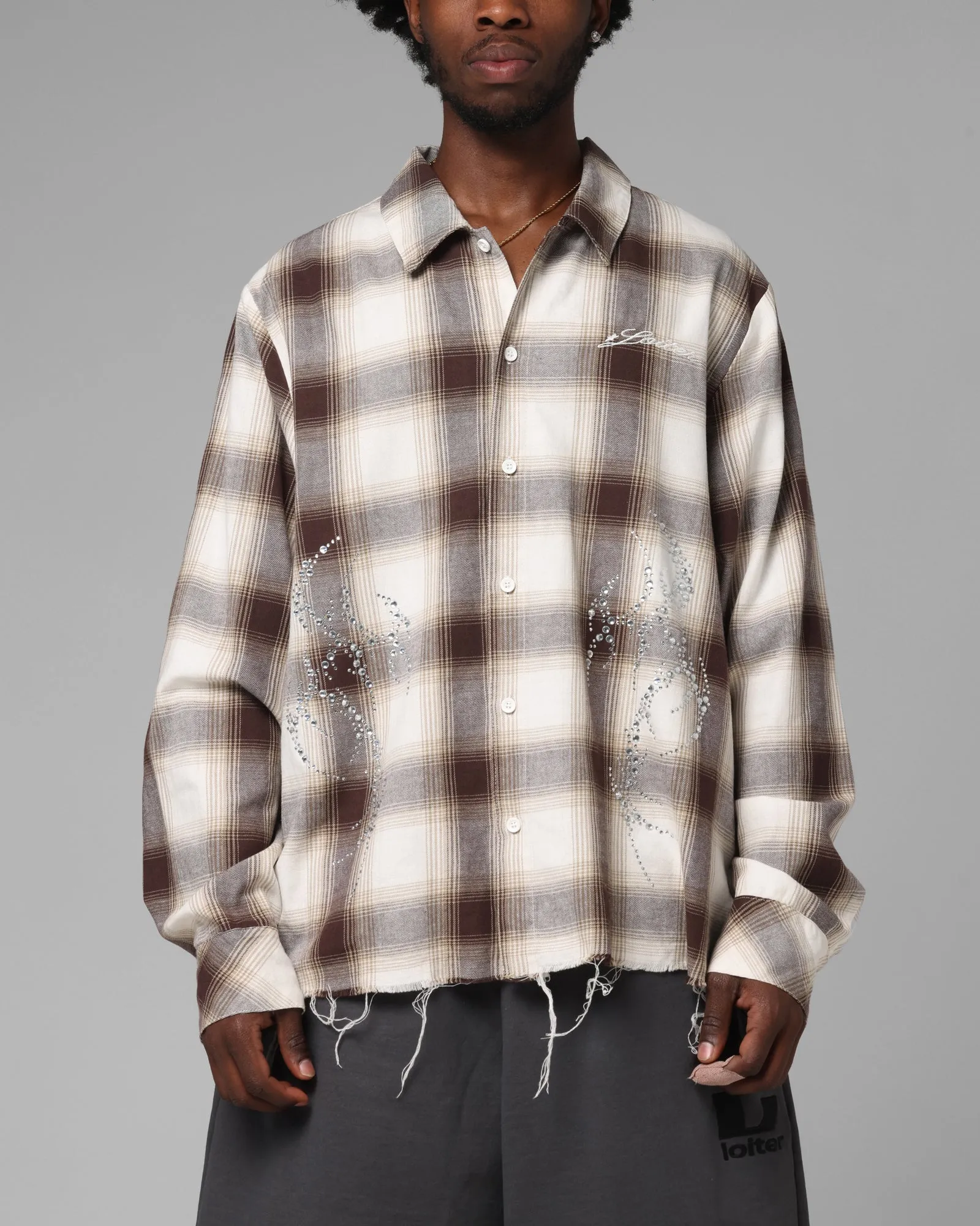 Loiter Heaven Distressed Flannel Button Up Shirt Brown/Beige sold by Culture Kings