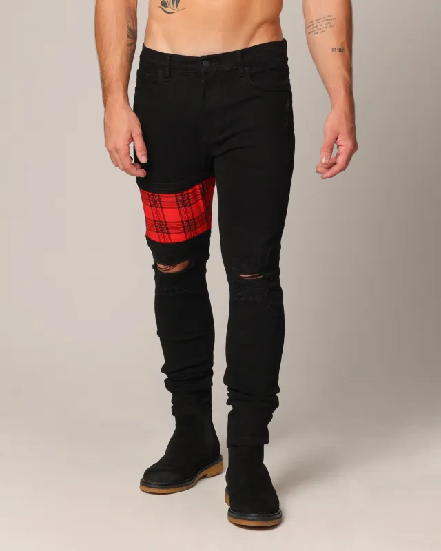 Saint Morta Sideline Distressed Jeans Black/Red Tartan sold by Culture Kings