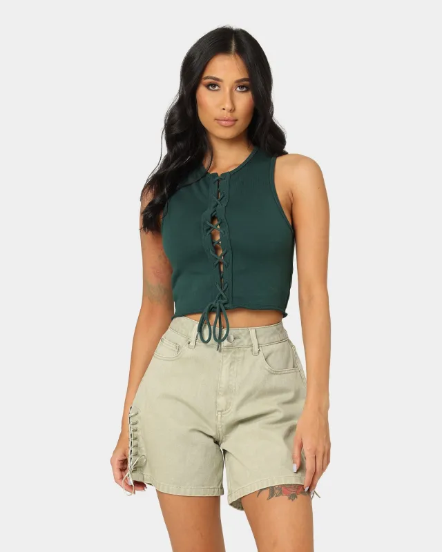EN ES Women's Reny Lace Up Crop Top Deep Teal sold by Culture Kings