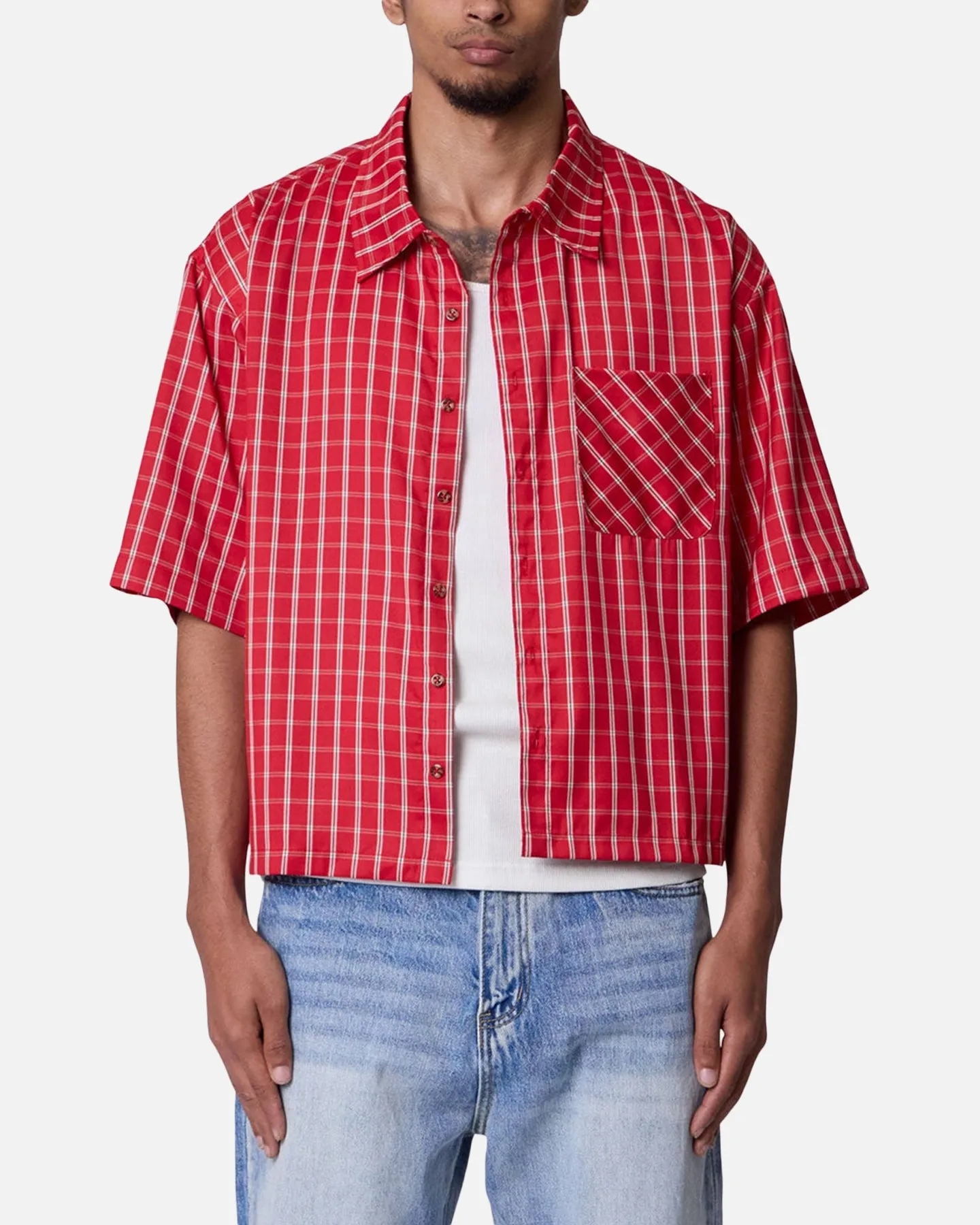 MNML Crispy Poplin Over Button Up Shirt Red/Blue sold by Culture Kings