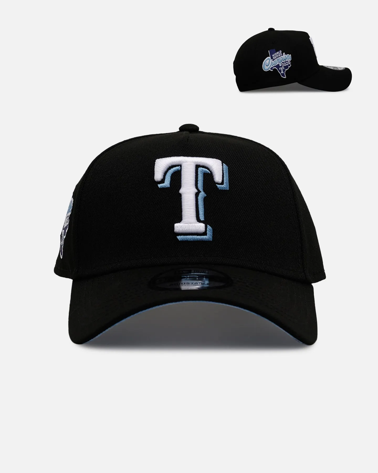 New Era Texas Rangers 'Black And Sky Blue' 9FORTY A-Frame Snapback Black/Sky Blue sold by Culture Kings