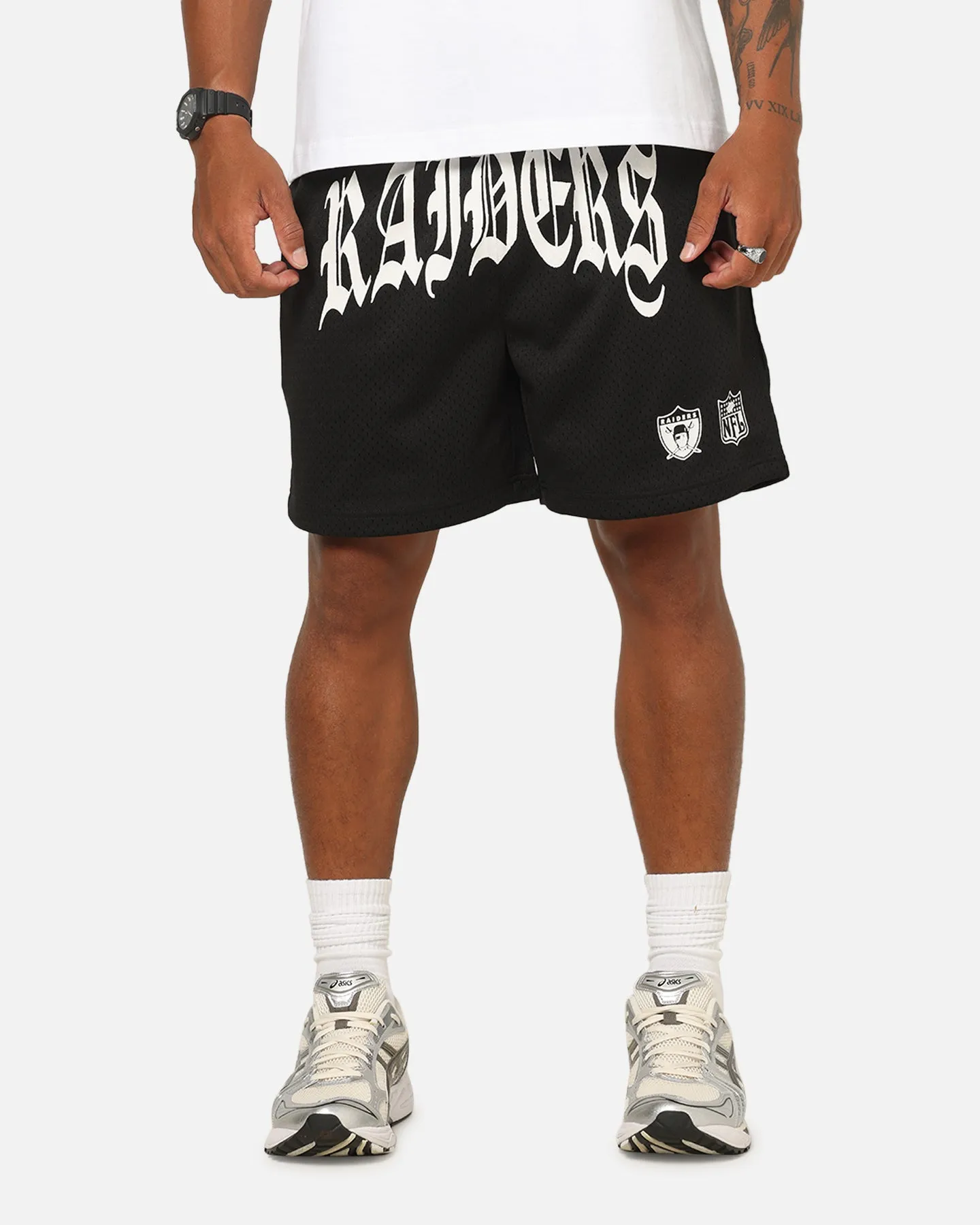 Mitchell & Ness Las Vegas Raiders Arch Script Shorts Black/White sold by Culture Kings