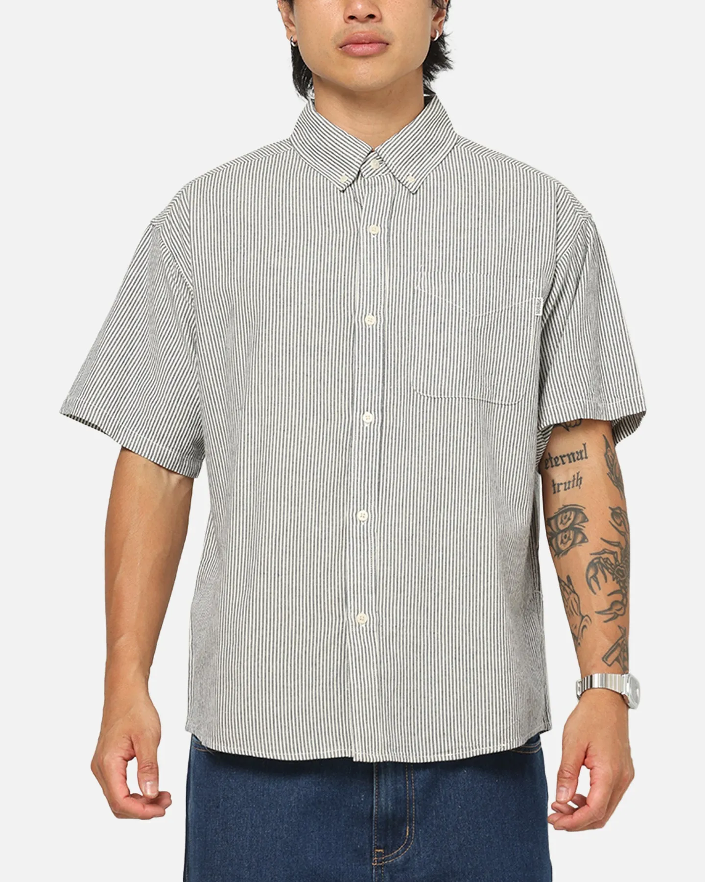 S Double Bay Stripe Classic Button Up Shirt Black/White Stripe sold by Culture Kings