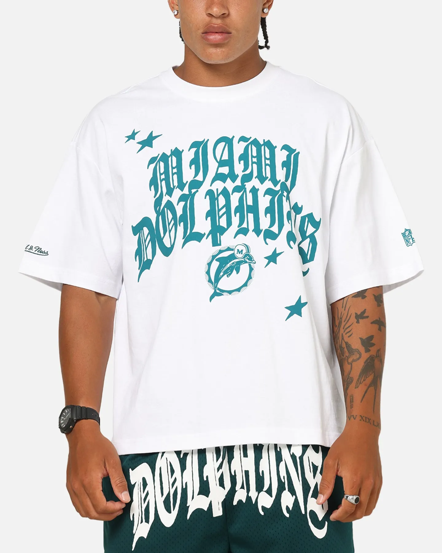Mitchell & Ness Miami Dolphins Stars & Text Boxy T-Shirt White sold by Culture Kings