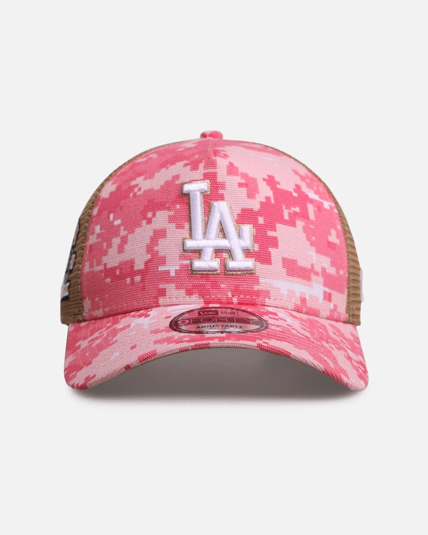 New Era Los Angeles Dodgers 'Digi Camo' 9FORTY A-Frame Trucker Snapback Pink/White sold by Culture Kings