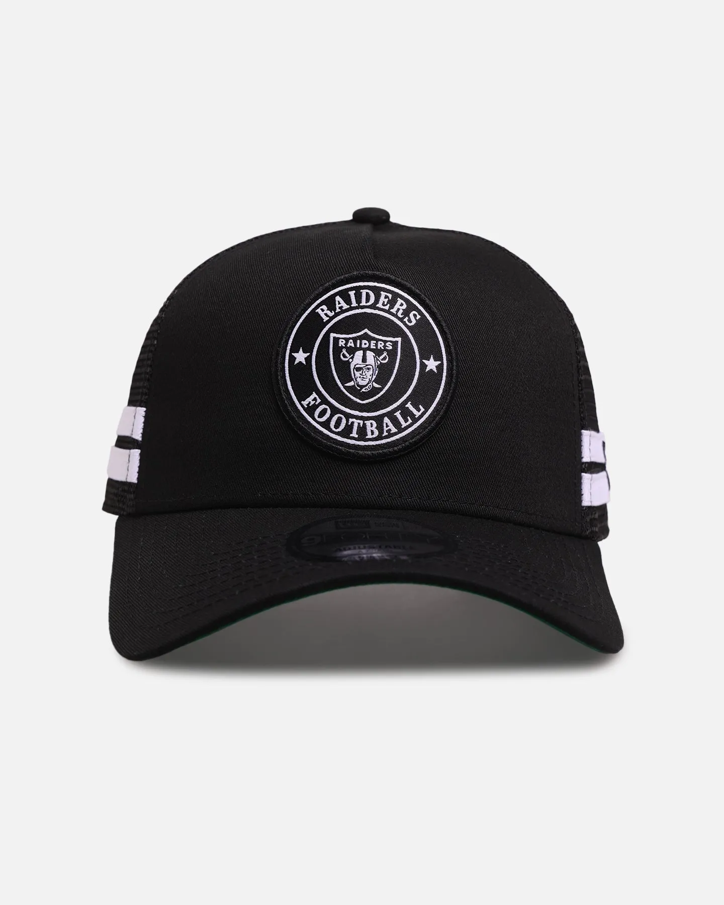 New Era Las Vegas Raiders 'Stripe' 9FORTY A-Frame Trucker Snapback Black/White sold by Culture Kings